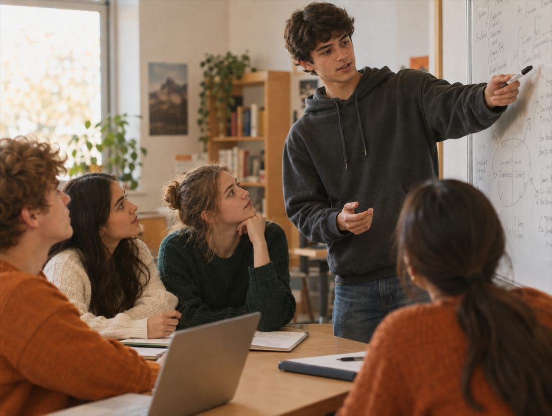 A teenage boy leading a group discussion at a whiteboard while classmates listen
