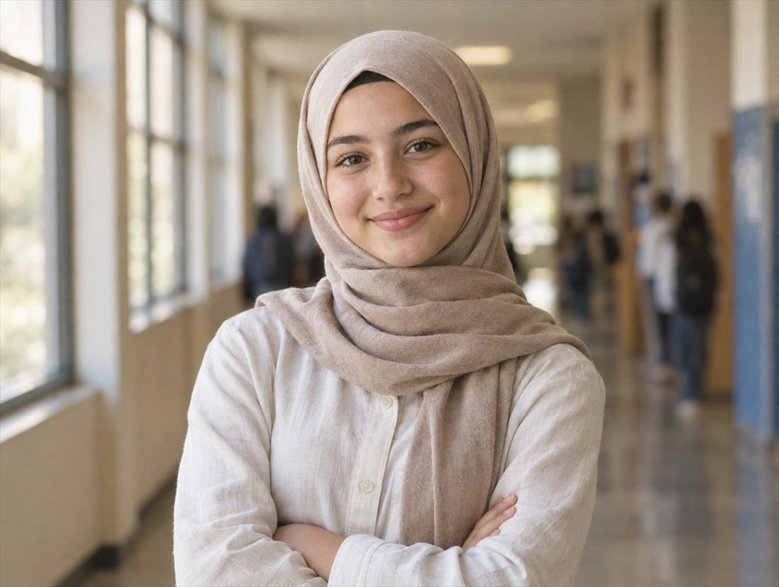 A smiling teenage girl in a beige hijab standing confidently in a school corridor
