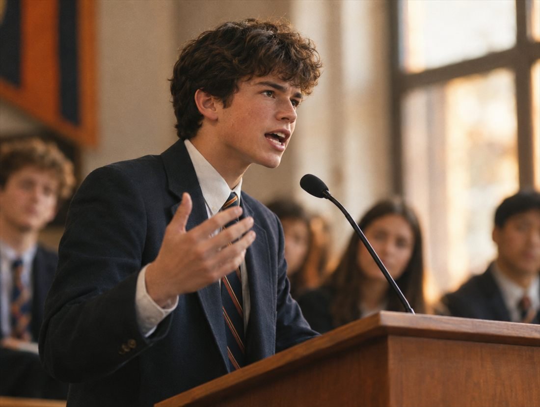 A teenage boy speaking passionately at a debate podium