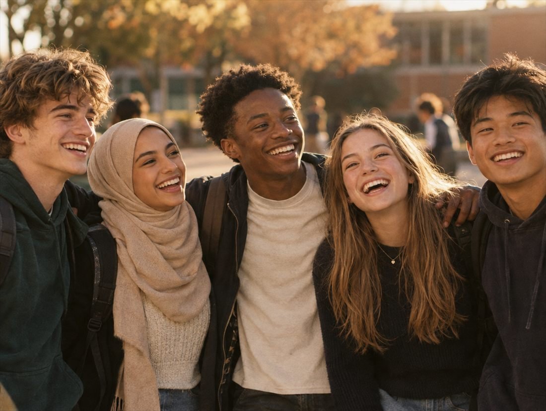 A group of confident, laughing teenagers with their arms around each other