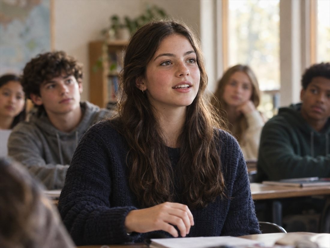 A teenage girl speaking up in class while classmates listen