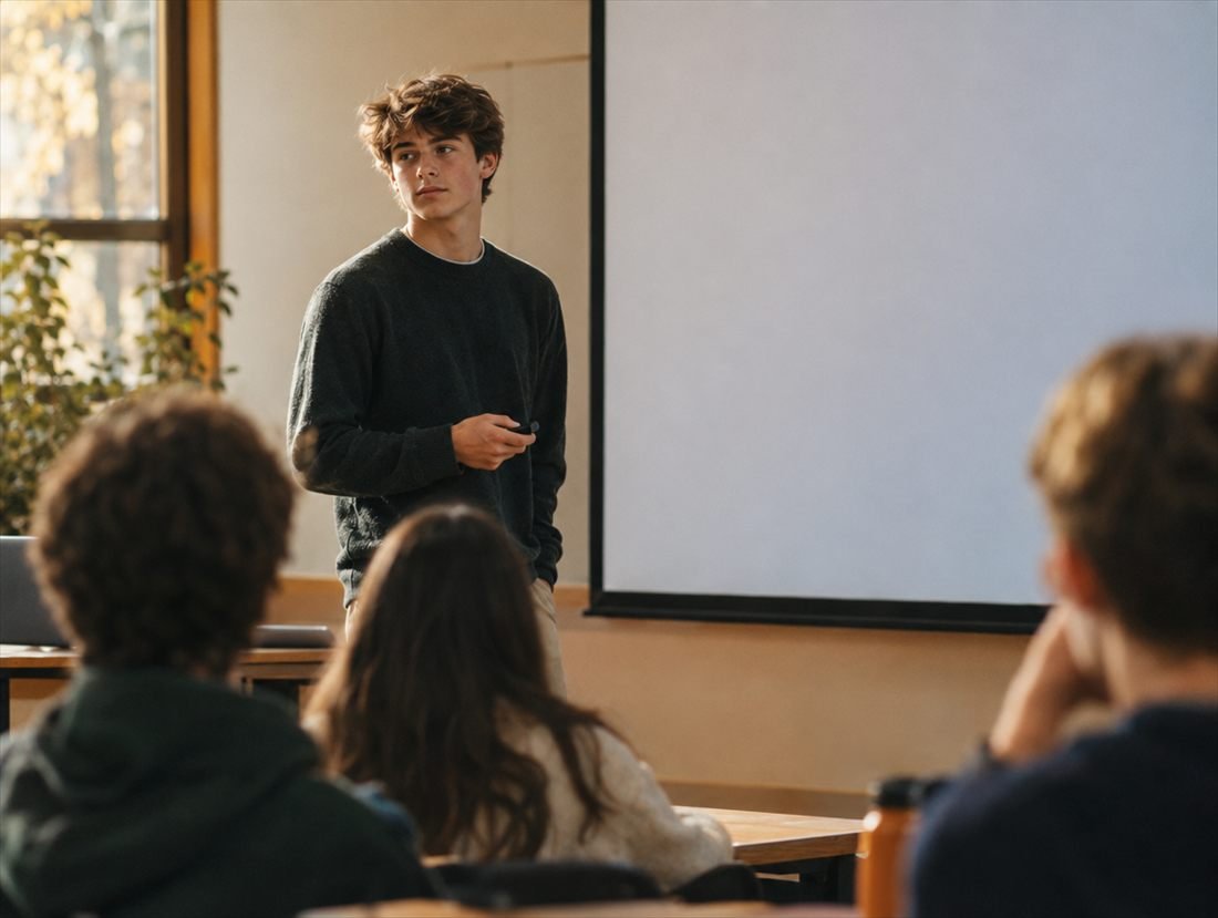 A teenage boy presenting calmly to his classroom