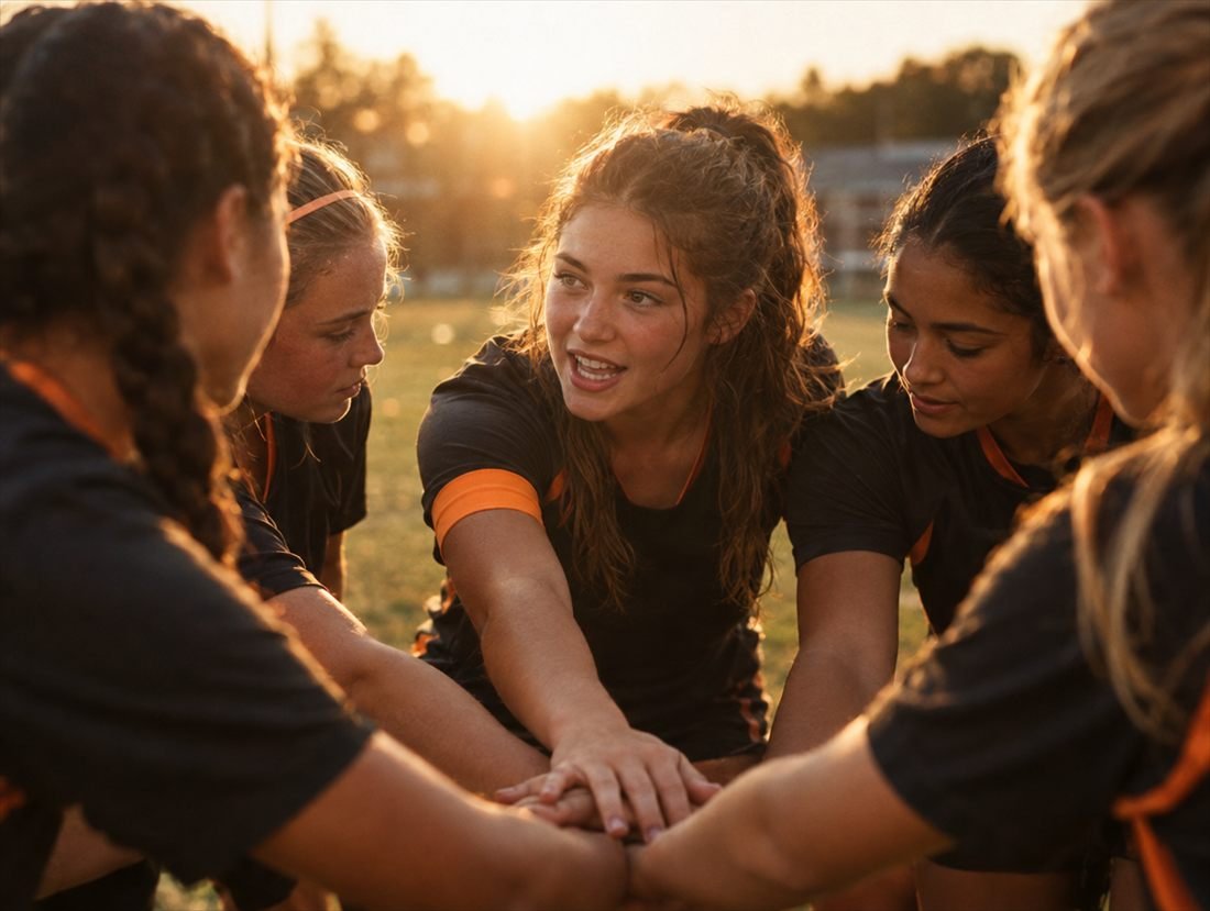 Teen teammates in a huddle led by their captain at sunset