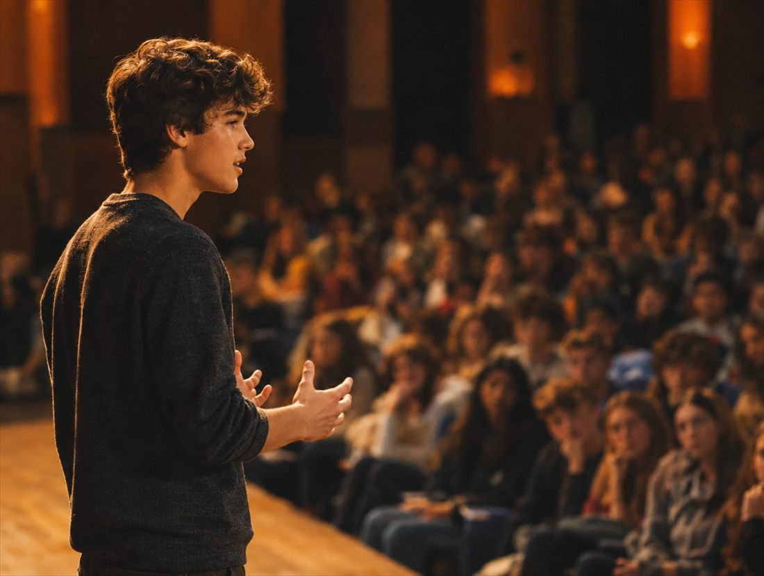 A teenage boy holding a full auditorium’s attention