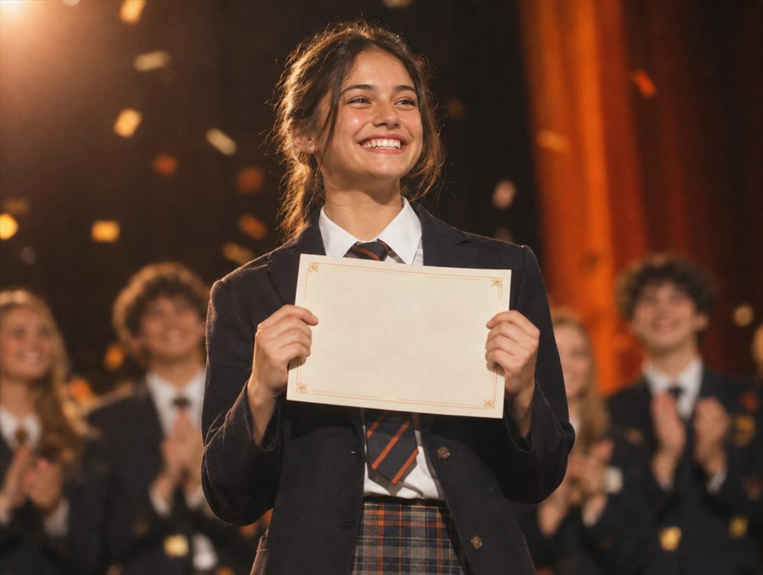A joyful teenage girl on stage holding up a certificate