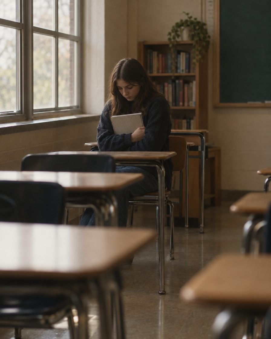 A quiet teenage girl sitting alone at the back of a classroom, hugging her notebook